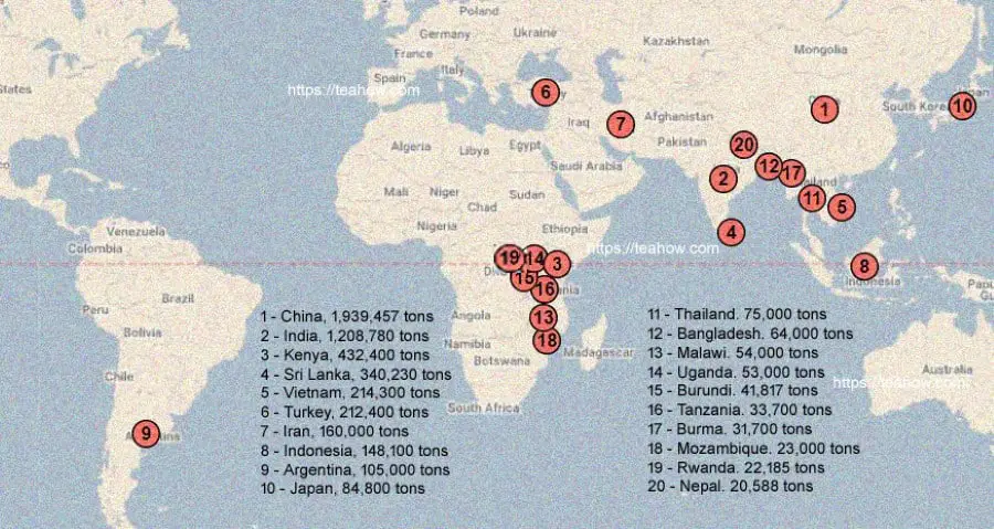 map showing top 20 tea producing countries